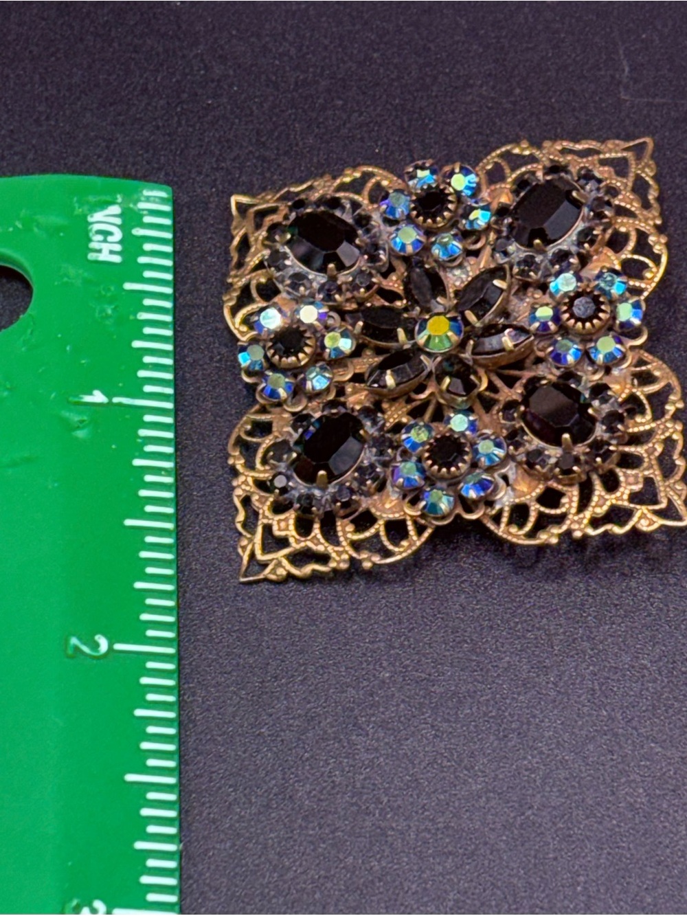 Vintage Liz Palacios SF Black AB Crystal Filigree Brooch Pin Gothic - Picture 3 of 6